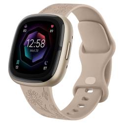 Vanjua Armband kompatibel mit Fitbit Sense 2 / Sense Bändern, Fitbit Versa 4 / Versa 3 Bands Damen, graviertes Blumenmuster Silikon Ersatzband für Fitbit Sense 2 / Versa 4 Smartwatch (groß, Stein) von Vanjua