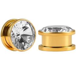 Vankula Ohr Flesh Tunnel Single Flared Plug Weißer Zirkon Edelstahl für Gestreckte Expander Ohrpiercing 12mm(1/2") Gold von Vankula