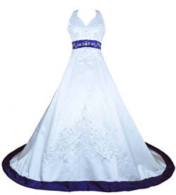 Vantexi Damen Halfter Stickerei Satin Hochzeitskleid Brautkleider Weiß Blau 44 von Vantexi
