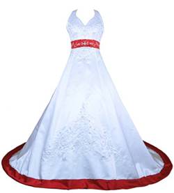 Vantexi Damen Halfter Stickerei Satin Hochzeitskleid Brautkleider Weiß Rot 52 von Vantexi
