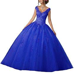 Vantexi Damen V-Ausschnitt Quinceanera Kleider Mit Spitze Abendkleider Lang Hochzeitskleider Elegant Ballkleid Blau Größe 46 von Vantexi