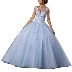 Vantexi Damen V-Ausschnitt Quinceanera Kleider Mit Spitze Abendkleider Lang Hochzeitskleider Elegant Ballkleid Hellblau Größe 46 von Vantexi