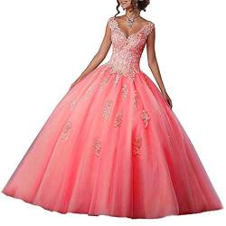 Vantexi Damen V-Ausschnitt Quinceanera Kleider Mit Spitze Abendkleider Lang Hochzeitskleider Elegant Ballkleid Koralle Größe 52 von Vantexi