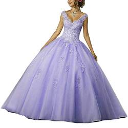 Vantexi Damen V-Ausschnitt Quinceanera Kleider Mit Spitze Abendkleider Lang Hochzeitskleider Elegant Ballkleid Lavendel Größe 44 von Vantexi