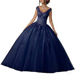 Vantexi Damen V-Ausschnitt Quinceanera Kleider Mit Spitze Abendkleider Lang Hochzeitskleider Elegant Ballkleid Marineblau Größe 36 von Vantexi