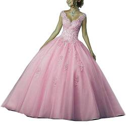 Vantexi Damen V-Ausschnitt Quinceanera Kleider Mit Spitze Abendkleider Lang Hochzeitskleider Elegant Ballkleid Rosa Größe 32 von Vantexi