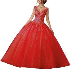 Vantexi Damen V-Ausschnitt Quinceanera Kleider Mit Spitze Abendkleider Lang Hochzeitskleider Elegant Ballkleid Rot Größe 48 von Vantexi