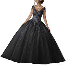 Vantexi Damen V-Ausschnitt Quinceanera Kleider Mit Spitze Abendkleider Lang Hochzeitskleider Elegant Ballkleid Schwarz Größe 58 von Vantexi