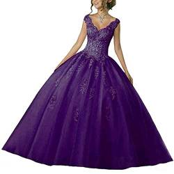 Vantexi Damen V-Ausschnitt Quinceanera Kleider Mit Spitze Abendkleider Lang Hochzeitskleider Elegant Ballkleid Traube Größe 34 von Vantexi