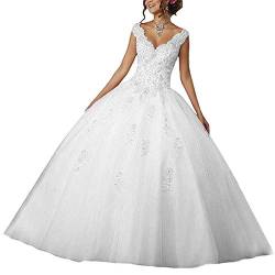 Vantexi Damen V-Ausschnitt Quinceanera Kleider Mit Spitze Abendkleider Lang Hochzeitskleider Elegant Ballkleid Weiß Größe 32 von Vantexi