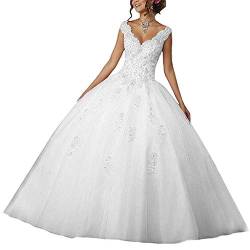 Vantexi Damen V-Ausschnitt Quinceanera Kleider Mit Spitze Abendkleider Lang Hochzeitskleider Elegant Ballkleid Weiß Größe 34 von Vantexi