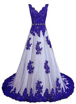 Vantexi Damen V-Ausschnitt Tüll Spitze Abendkleid Ballkleid Elegante Brautkleider Hochzeitskleider Blau Größe 58 von Vantexi