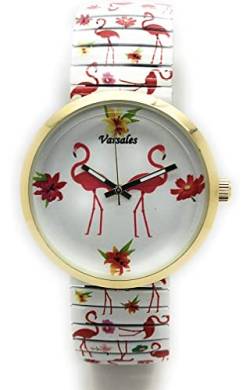 Varsales Damen-Armbanduhr, Motiv: Zoo, Meer, Strand, elegant, elastisch, Analog, Quarz, Mode, Flamingo von Varsales