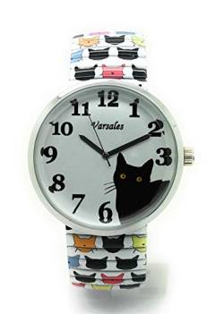 Varsales Damen-Armbanduhr mit Tiermotiv und Katze, elegant, elastisch, Analog, Quarz, modisch, Katze 1, Modern von Varsales