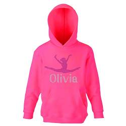 Kapuzenpullover für Mädchen, Gymnastik, personalisierbar, mit Strasssteinen, Premium-Pullover, Pink / Hot Pink., 7-8 Jahre von Varsany