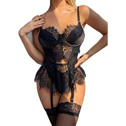 VasedGins Sexy Damen Desrous Set, Lingerie Sexy Damen Unterwäsche Set mit Strapsen, BH und Slip - Reizvolle Dessous für Frauen (Schwarz,L) von VasedGins