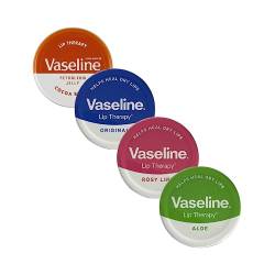 Vaseline Lippenbalsam – Petroleum Jelly – Lippentherapie – Original, Kokosbutter, Alo Vera und Rosy 20 g Dose – beruhigt trockene Lippen – 4 Stück von Vaseline