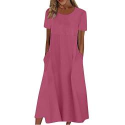 30er Jahre Kleid Langarm Kleid Damen weisses Kleid Damen Einfarbig Kurze Ärmel Rundhalsausschnitt Patchwork Lang Kleider mit Tasche Freizeitkleid coctailkleid/festliches Kleid (Pink, XXL) von Vasreyy