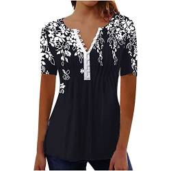 Chiffon Bluse Damen t Shirt Damen Kurzarm sexy Longbluse Damen Kurzarm Blumendruck Kurzarm V-Ausschnitt T-Shirt Sportshirt mit Knöpfen Lässig Falten Tuniken Tees Shirt Sommer Bluse (Schwarz, XXL) von Vasreyy