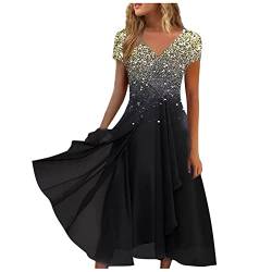 Elegante Kleider Damen Strandkleider Damen Sommer Festliches Kleid Damen Knielang Pailletten V-Ausschnitt Kurze Ärmel Partykleid Lang Kleider Locker Patchwork Hohe Taille Swing A-Linie Kleider von Vasreyy