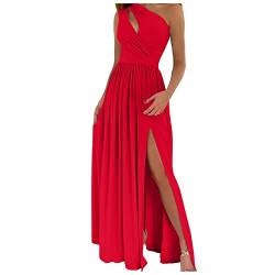 Kleid Hochzeit gast Kleid Langarm Damen Jugendweihe Kleider Eine Schulter Schulterfrei Rückenfrei Seitenschlitz Abendkleider Bodenlang Kleider coctailkleid/festliches Kleid (Rot, L) von Vasreyy