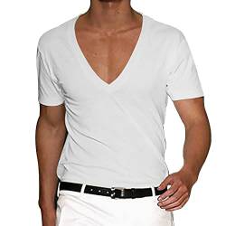 Poloshirt Herren Herren Hemd Langarm Kapuzenpullover Herren Einfarbig Tiefer V-Ausschnitt Kurzarm T-Shirts Sport Shirt Frühling und Sommer Casual Kurzarmshirt Tees weißes Hemd (Weiss, M) von Vasreyy