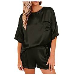 Pyjama Damen Kurz Elegant Einfarbig Kurzarm Rundhals Zweiteiliger Anzug Pyjama Sommer Casual Lässiger Hauskleidung Bequem Basic Fit T-Shirt Shorts Anzug Schlafanzug Sexy Nachtwäsche Große Größen von Vasreyy