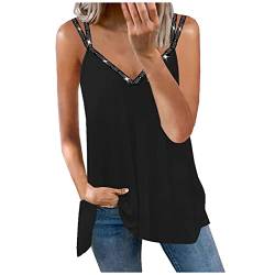 Schwarze Tshirts Glitzer Oberteile Damen t Shirt Damen Long Einfarbig Tiefer V-Ausschnitt Ärmellos Strass Cami Top Spaghetti Tops Basic Frauen Camisole Weste Bluse Sommer Lässige Tank Top von Vasreyy