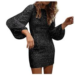 Vasreyy Abendkleid Lang Festliche Kleider Für Damen Silvester Outfit Damen Elegant Pailletten Rundhals Einfarbig Kleider Laternenärmel Kurz Abendkleid Langarm Glitzer Minikleid Schwarz L von Vasreyy