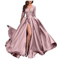 Vasreyy Damen Kleid Elegant Sexy Glitzer Tiefer V-Ausschnitt Seitenschlitz Abendkleid 3/31 Ärmel Schleppend Partykleid Vintage Einfarbig Cocktailkleid Hohe Taille Ballkleid Partykleid von Vasreyy