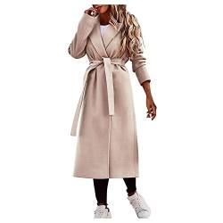 Vasreyy Damen Mantel Langarm Elegant Einfarbig V-Ausschnitt Lang Mantel mit Gürtel Herbst Winter Wintermantel mit Taschen Warm Revers Winterjacke Basic Wollmantel Slim Windbreaker Trenchcoat von Vasreyy