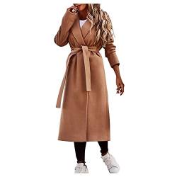 Vasreyy Damen Mantel Langarm Elegant Einfarbig V-Ausschnitt Lang Mantel mit Gürtel Herbst Winter Wintermantel mit Taschen Warm Revers Winterjacke Basic Wollmantel Slim Windbreaker Trenchcoat von Vasreyy