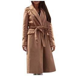 Vasreyy Damen Mantel Langarm Elegant Einfarbig V-Ausschnitt Lang Mantel mit Gürtel Herbst Winter Wintermantel mit Taschen Warm Revers Winterjacke Basic Wollmantel Slim Windbreaker Trenchcoat von Vasreyy