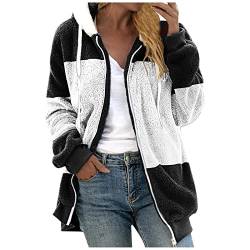 Vasreyy Damen Plüschjacke Winter Patchwork Kapuze Winterjacke mit Reißverschluss Warm Kapuzenjacke mit Taschen Langarm Wintermantel Dick Teddyfleece Mantel Loose Fleecejacke Winddicht Teddy Jacke von Vasreyy