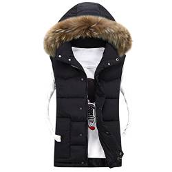 Vasreyy Herren Weste Winter Warm Full Zipp Weste mit Abnehmbarer Fellkapuze Einfarbig Button Down Kapuzenweste mit Taschen Hoodie Daunenweste Outdoor Steppweste Sport Winterjacke Ärmellose Jacke von Vasreyy