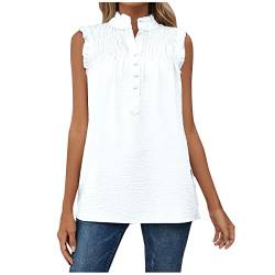 bluse damen kurzarm tank top damen lang sommerblusen leicht elegant Einfarbig Stehkragen Plissiert Patchwork Tanktop Chiffon Bluse mit Knöpfen Sommer Ärmellos Tunika Blusentop tshirt xl (Weiss, S) von Vasreyy