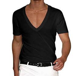 muskelshirts Herren Herren Hemd Kurzarm businesshemden für Herren Einfarbig Tiefer V-Ausschnitt Kurzarm T-Shirts Sport Shirt Frühling und Sommer Casual Kurzarmshirt Tees top (Schwarz, 3XL) von Vasreyy