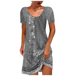 schwarzes Kleid schwarzes Kleid Damen Festliche Kleider für Damen ab 50 Jahren Blumendruck Kurze Ärmel Rundhalsausschnitt Hohe Taille T-Shirt Kleid Minikleid Kleider Hochzeitsgast Damen (Grau, XXL) von Vasreyy