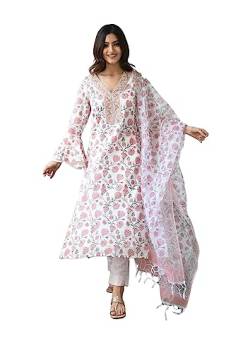 Kurta-Set für Damen, indisches Tunika-Top, Baumwolle oder Rayon, Kurti mit Palazzo-Hose, Partykleidung, pink / weiß, Large von Vastraghar