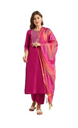 Kurta-Set für Damen mit Dupatta Partykleidung Indische Kurti Tunika Tops Set für Damen mit Palazzohose Hose, Magenta & Gold, X-Large von Vastraghar