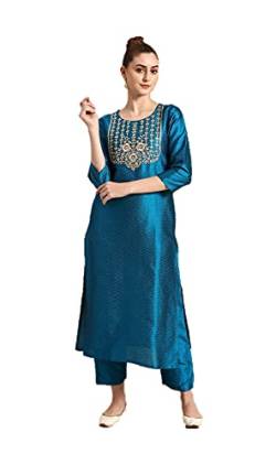 Kurta-Set für Damen mit Palazzo Partykleidung Indische Kurti Tunika Tops Set für Damen mit Hosen Hose, Blau/goldfarben, XX-Large von Vastraghar