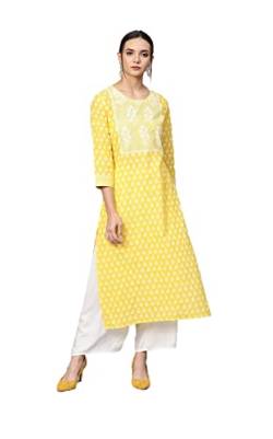 Kurtis für Damen, Partykleidung, indische Tunika-Tops, Baumwolle oder Rayon Kurti, bereit zum Tragen, gelb / weiß, Large von Vastraghar