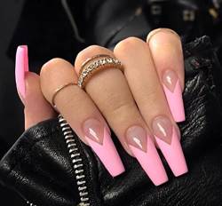 Vatocu Coffin Glossy False Nails French Pink Fake Nails Long Nude Press on Nails Full Cover Ballerina Acryl Stick on Nails for Women and Girls (24pcs) von Vatocu