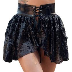 Vatocu Damen Rock Pailletten Schwarz Glänzend Rock Glitzer Minirock Rave Outfit Party Performance Kostüm für Frauen von Vatocu