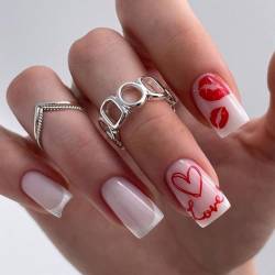 Vatocu Künstliche Fingernägel zum Valentinstag, kurz, Rosa, Weiß, zum Aufdrücken, Lippen, Liebe, Herz, Acryl, zum Aufkleben, für Damen, 24 Stück von Vatocu