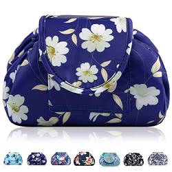 Lazy Kosmetiktasche mit Kordelzug, tragbar, groß, Reise-Kosmetiktasche, Make-up-Tasche, Aufbewahrung, Organizer für Frauen und Mädchen, blau, blumenmuster, von Vavabox