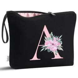 Vavabox A-Z Personalisierte Make-up-Tasche, Geburtstagsgeschenk für Frauen, Mutter, Geschenke für beste Freundin, Braut, Brautjungfer, Kosmetiktasche (schwarz), A, modisch von Vavabox