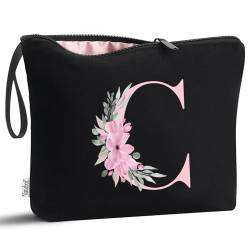 Vavabox A-Z Personalisierte Make-up-Tasche, Geburtstagsgeschenk für Frauen, Mutter, Geschenke für beste Freundin, Braut, Brautjungfer, Kosmetiktasche (schwarz), C, modisch von Vavabox