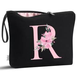 Vavabox A-Z Personalisierte Make-up-Tasche, Geburtstagsgeschenk für Frauen, Mutter, Geschenke für beste Freundin, Braut, Brautjungfer, Kosmetiktasche (schwarz), R, modisch von Vavabox