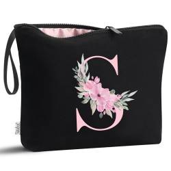 Vavabox A-Z Personalisierte Make-up-Tasche, Geburtstagsgeschenk für Frauen, Mutter, Geschenke für beste Freundin, Braut, Brautjungfer, Kosmetiktasche (schwarz), S, modisch von Vavabox